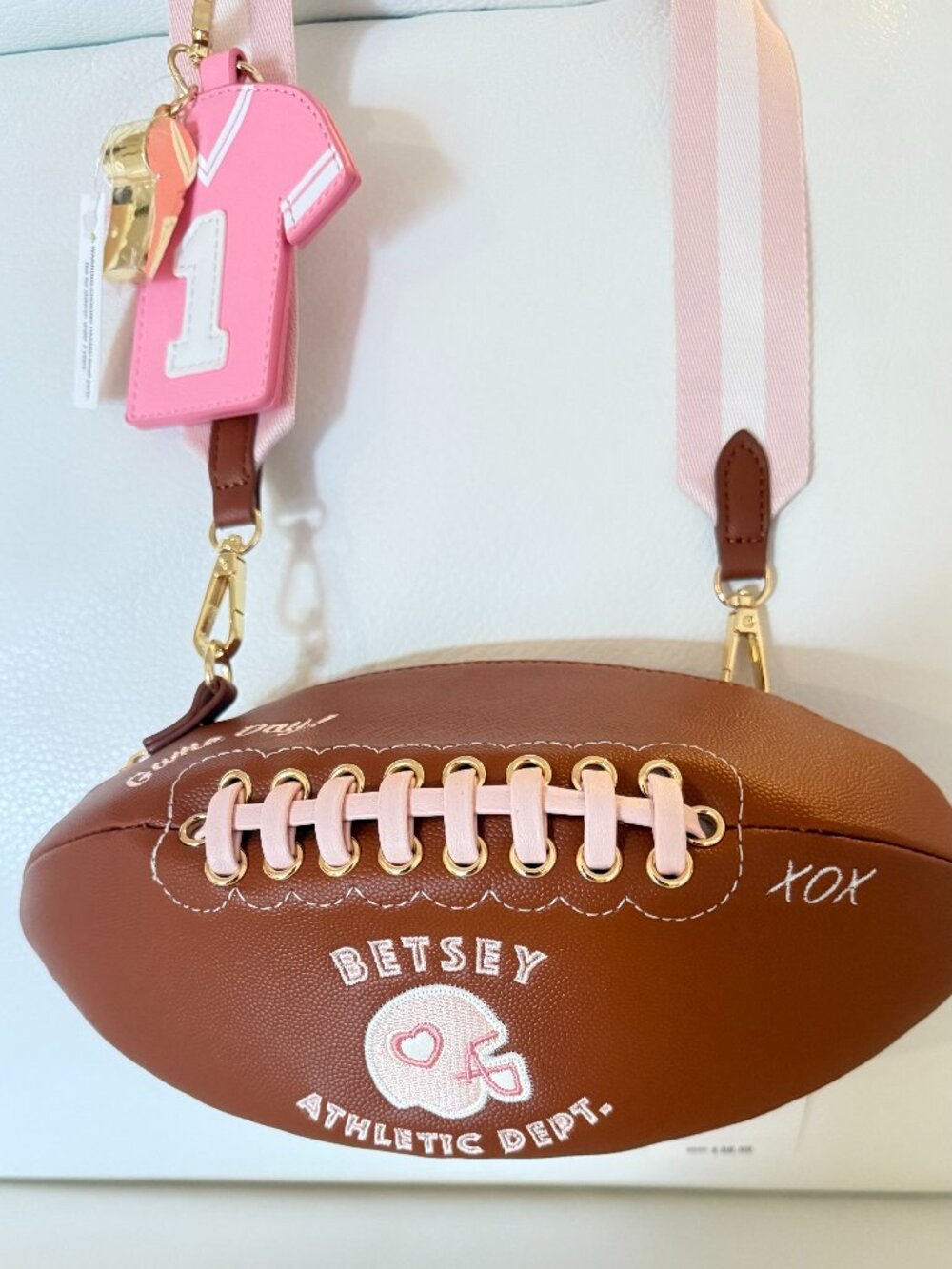 NWT Betsy Johnson xotoss Game Day Football Shaped Crossbody Bag clutch w charms - Picture 2 of 6
